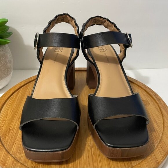 Black Chunky Platform Sandal Square Toe Faux Leather Ankle Strap Heel Size 11 - Picture 3 of 7
